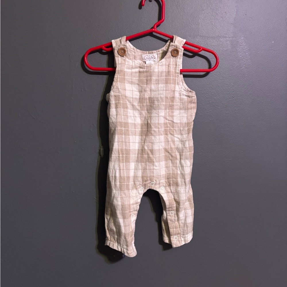 Mudpie light brown plaid 100% cotton overall romper size 0-3m